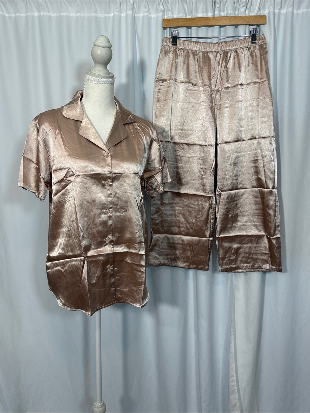 Satin Short-Sleeve Pajama Set in Champaign